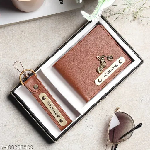 Customized faux leather wallet & keychain combo, personalized with 5 compartments in free size (14cm x 12cm), India-made accessory