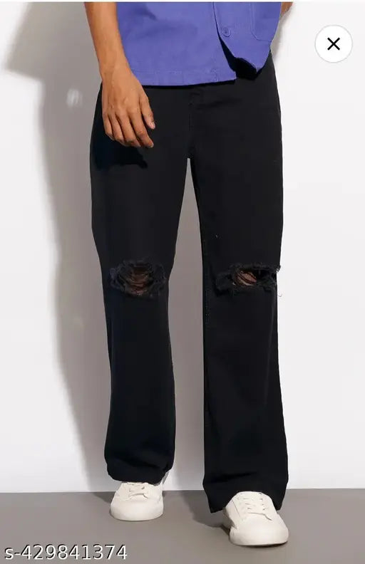 Mens black knee cut jeans with visible distressed knees, black, casual wear, slim fit