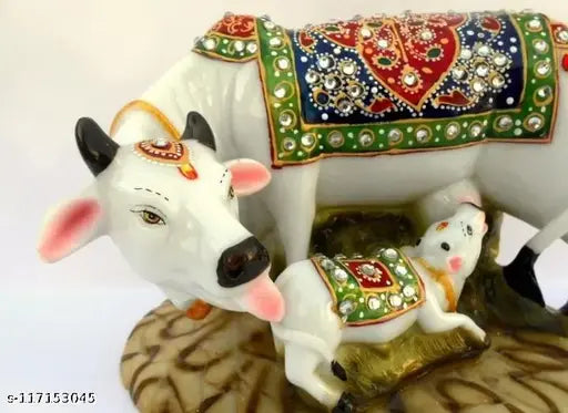 Multicolor Kamdhenu cow and calf statue, handcrafted Polyresin showpiece for home decor, 10cm x 10cm x 10cm