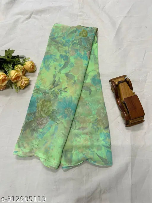 Green and yellow floral print silk saree