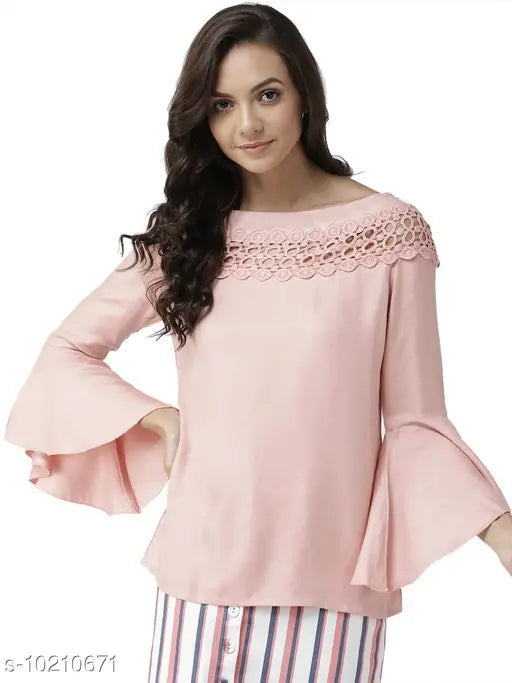 Peach-colored viscose rayon solid top for women, three-quarter sleeves, XS size (bust 33in, length 22in), made in India