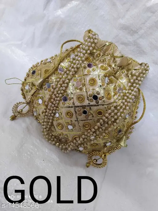 Traditional embroidered mirror work fabric potli purse, pearl handle, Indian handicraft accessory