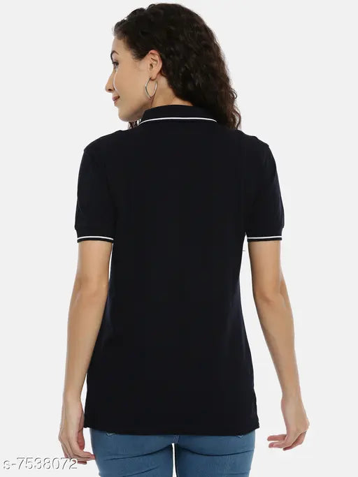 Cotton collared women's T-shirt, solid design, short sleeves, XS-XXXL sizes available