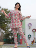 Printed rayon night suit, fire figure design, short nightdress with built-in bra for women, Indian origin