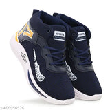 Navy blue and white kids sports shoes with laces