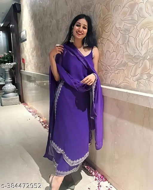Purple Georgette lehenga sari, hand-embroidered border
