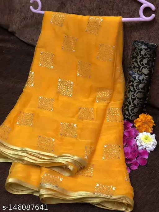 New exclusive foil-design Georgette saree with separate blouse piece, Pure Nazneen Chiffon material. Indian handloom for festivals, weddings, and casual events