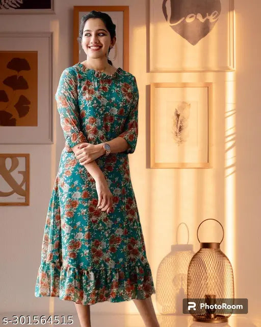 Brown Georgette Maxi Dress, printed combo, three-quarter sleeves, women's fashion, Indian design