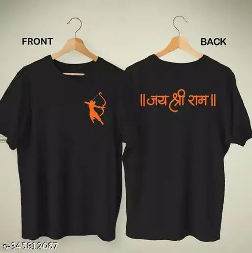 Printed cotton blend round neck Ram t-shirt, Bhagwan Ram Hinduism faith tee, Ishvar design on black