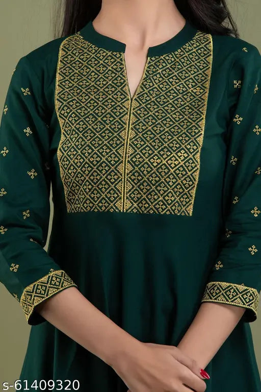 Women's rayon embroidered green anarkali gown kurti kurtis