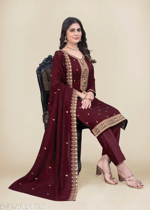 Cotton vichhitra kurta pant and dupatta set with full inner embroidery for women, suitable for festivals and weddings