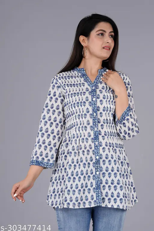 Indigo Blue Embroidered Cotton Printed Pintuck Top, Three-Quarter Sleeves