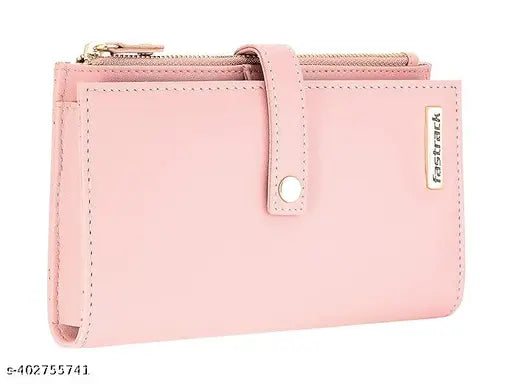 Solid pink wallet with zip closure, multiple card slots