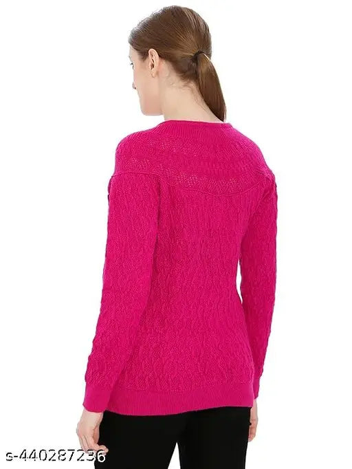 Soft wool women's round neck buttoned sweater cardigan with front pockets, solid color, long sleeves, stretchable, Indian origin