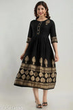 Rayon print Anarkali kurti for women, three-quarter sleeves, flared style, Indian fashion on hanger