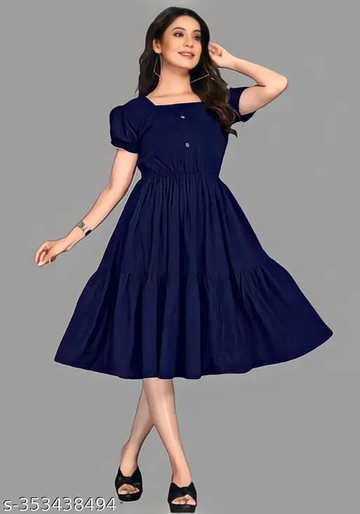 Navy Blue Rayon Fit and Flare Calf-Length Dress with Square Neck and Puff Sleeves - versatile Indian ethnic wear for casual occasions