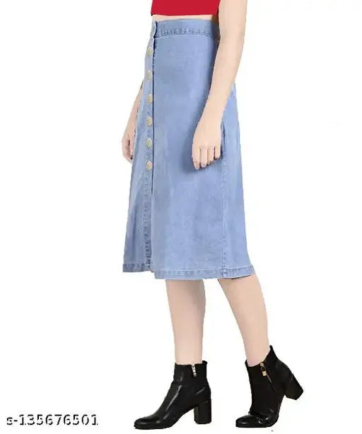 The image shows a woman wearing a short denim skirt