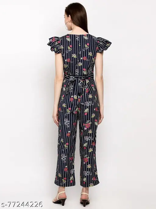 Navy Blue Crepe Short-Sleeved Floral Keyhole Neck Jumpsuit by Slenor, ideal for parties or special occasions