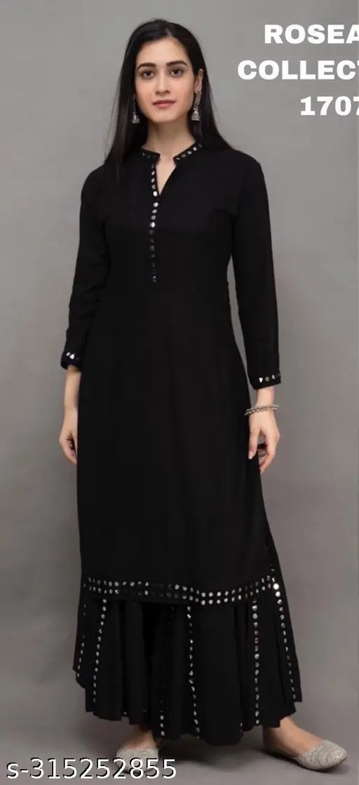 Helwin Beautiful Girl Aari Mirror Work Viscose Rayon kurta with palazzos, highlighted with mirror work and three-quarter sleeves