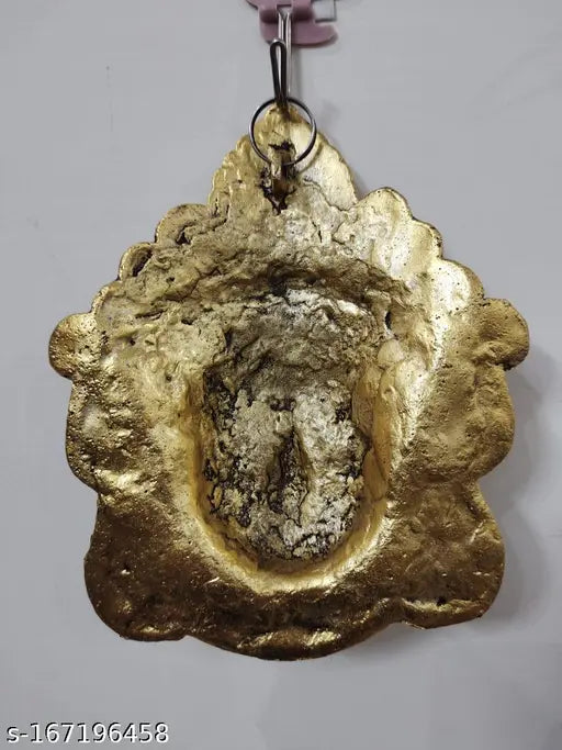 Antique gold metal Durga face wall hanging, Kali mask idol statue for home decor, offers evil eye protection. Handcrafted with a shiny finish, ideal for office and home walls. Indian origin