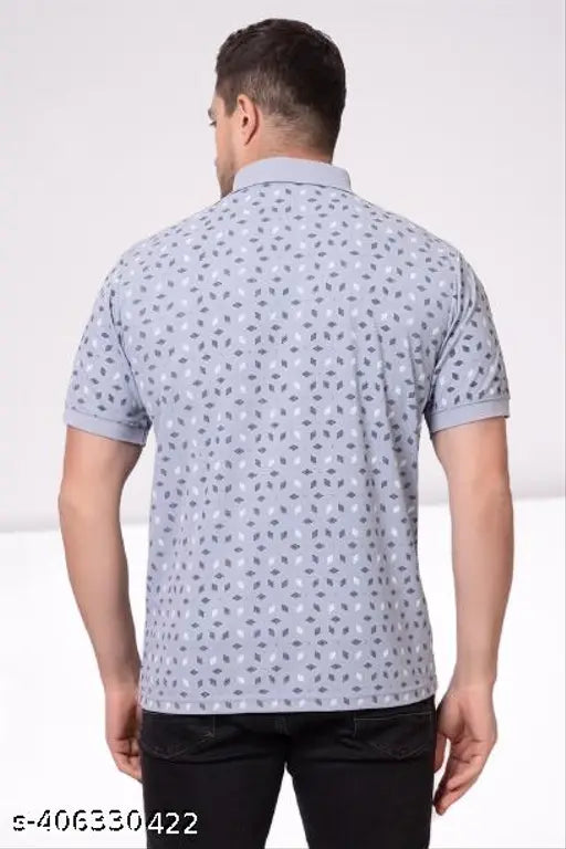 Light grey men's polo t-shirt, pure cotton blend with geometric print, short sleeves and regular length collar. Made in India