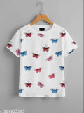 Black cotton t-shirt with white graphic design featuring a pattern of colorful butterflies, ideal for casual wear and matching sets