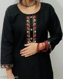 Black, cotton, long kurta with embroidered sleeves