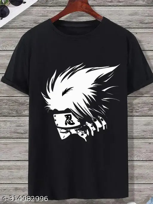 Black polycotton Kakashi printed men's t-shirt on hanger, short sleeves, comfortable fit, India origin
