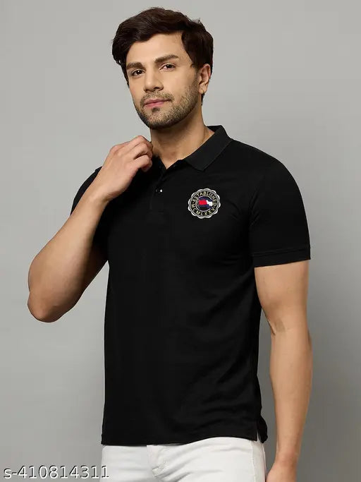 Men's embroidered cotton blend polo neck t-shirt with half sleeves, featuring a printed design. Perfect for casual outfits paired with denim jeans and sneakers. [Denim-friendly men's polo t-shirt]