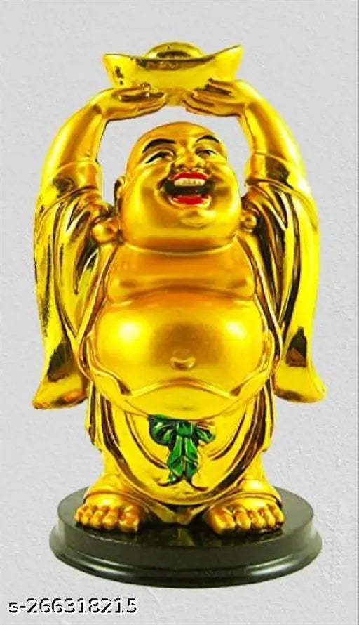 Resin Feng Shui Laughing Buddha statue with money ingot, auspicious wealth bringer for home decor (12cm)