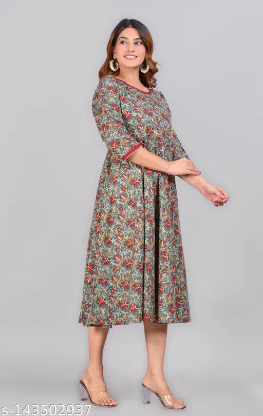 Printed anarkali cotton kurta, elbow length, long sleeves