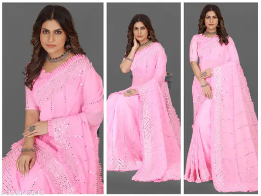 Pink georgette sari with silver sequin embroidery, cap sleeve blouse