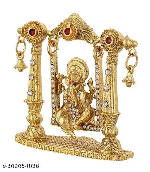 Antique gold metal Ganesh Ji Jhula Idol (3 inch height), intricately crafted for home or office decor, ideal for temple pooja or gifting