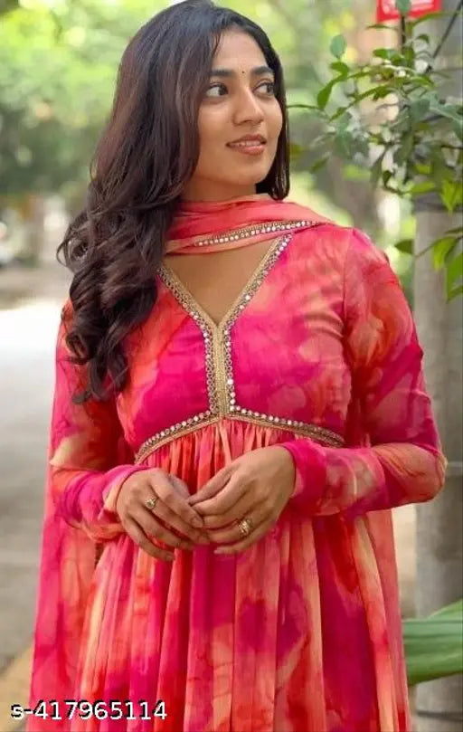 Multi-color anarkali kurta set with dupatta, Gotta Patti style print on Georgette fabric. Elegant party wear gown for women