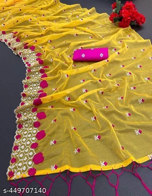 Mustard yellow Super Net embroidered sari with separate Dupion silk blouse, intricate cutwork brodery on pallu and latkan