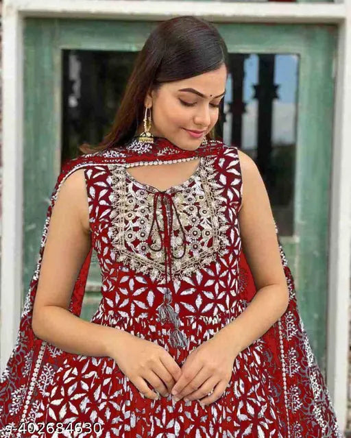 Rayon kurta set for women, dark maroon color with matching dupatta and sharara