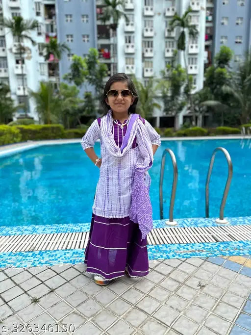 Purple Shibori print Mulmul Dupatta SkirtTop for kids in comfortable cotton fabric, Gota detailing. Traditional ethnic look, festive season wear, sizes from 12-18 Months to 6-7 Years