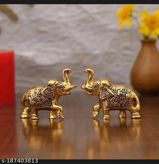 Golden finish metal elephant pair, decorative showpiece for home or office, Indian Chandra Art Collection Set of Two