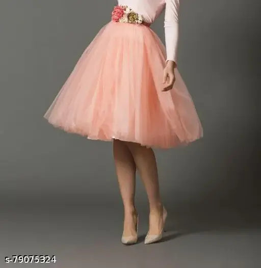 Peach checked net soft western skirt (Peach), free size with a waist size of 28 inches and length of 36 inches