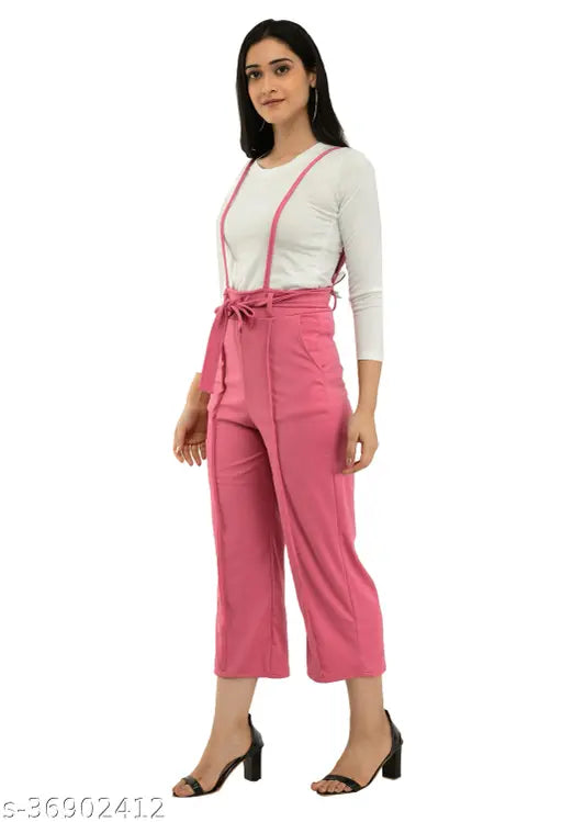 Pink cotton blend dungaree set: stylish 2-piece partywear with white t-shirt (S28-XL34), long sleeves, solid pattern
