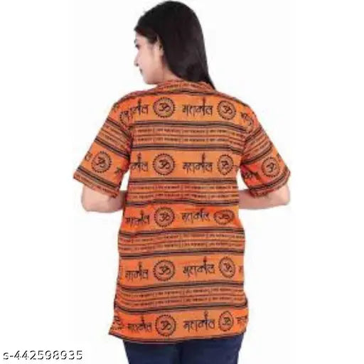 Printed cotton short sleeves Women's Kurta from India, featuring intricate printed net pattern. M size measures 25 inches long