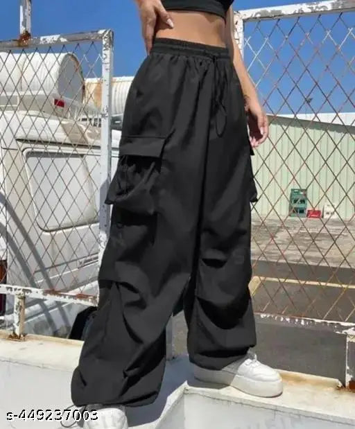 Black cargo pants with lightweight fabric and multiple pockets