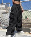 Black cargo pants with lightweight fabric and multiple pockets