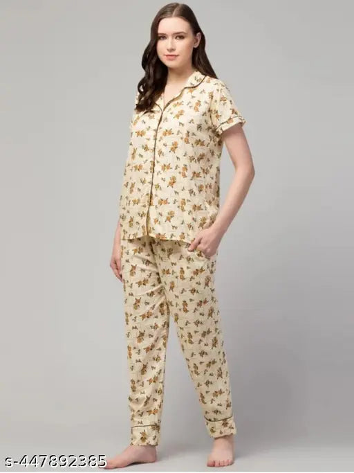 Light rayon night suit, printed net pattern, comfortable pyjama set for women