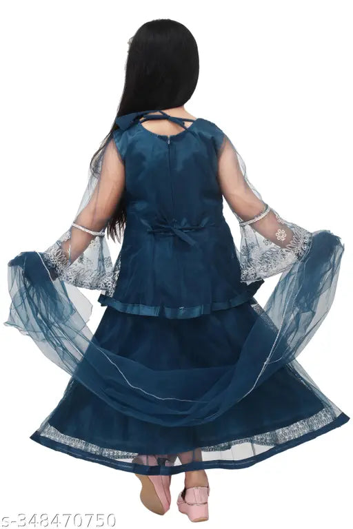 Net embroidered long-length lehenga for girls, perfect for parties and festivals. Exquisite net fabric with intricate detailing, matching blouse and dupatta included. Available in various colors. Made in India