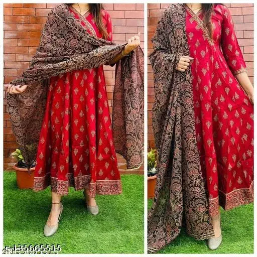 Rayon gold printed Anarkali kurti with dupatta set, women's Indian fashion wear, gold patterned rayon material