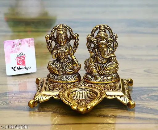Golden metal Lakshmi Ganesha statue with diya, Indian decor showpiece (15cm)