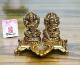 Golden metal Lakshmi Ganesha statue with diya, Indian decor showpiece (15cm)