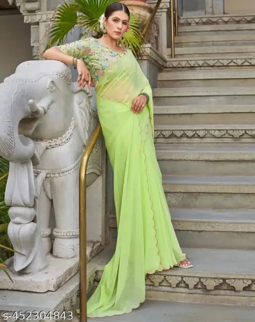 Georgette cut work sari with sequenced blouse, Indian traditional attire in free size