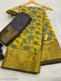 Soft, Lichi silk saree in rich yellow color with copper zari all over it and a vibrant pallu